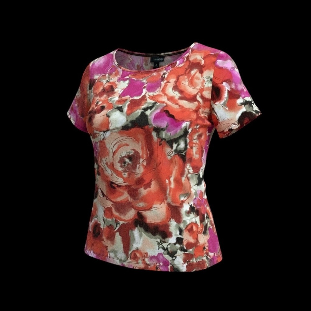 East 5th Essentials Womens 2X Floral Rose Print Short Sleeve T-Shirt Pink Orange